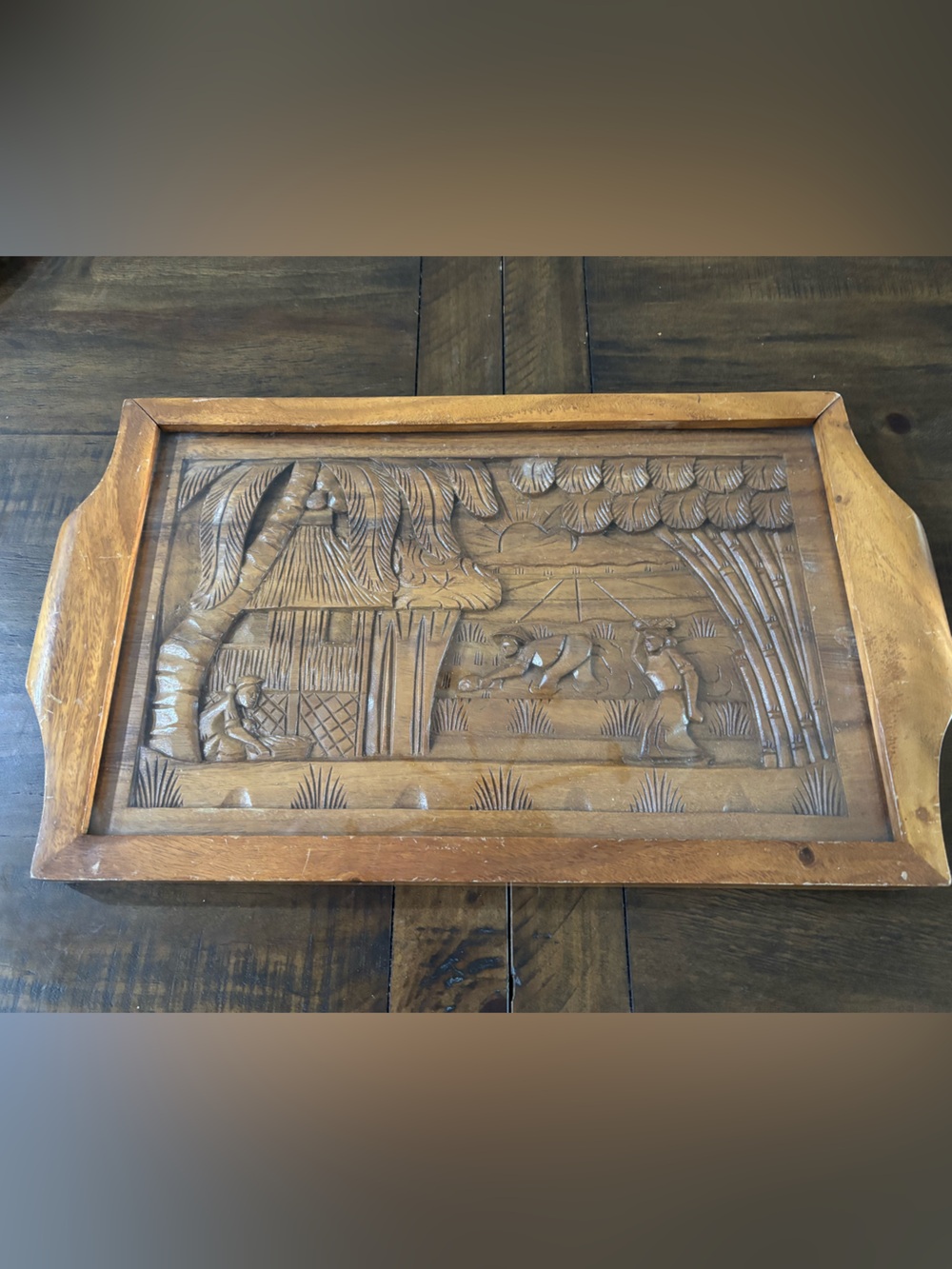 Beautiful wood carved Asian villiage scene tray with glass top